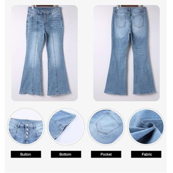 Light Blue Flare Bell Bottom Jeans Wide Leg Button High Waist Bootcut Jeans - Picture 6 of 8
